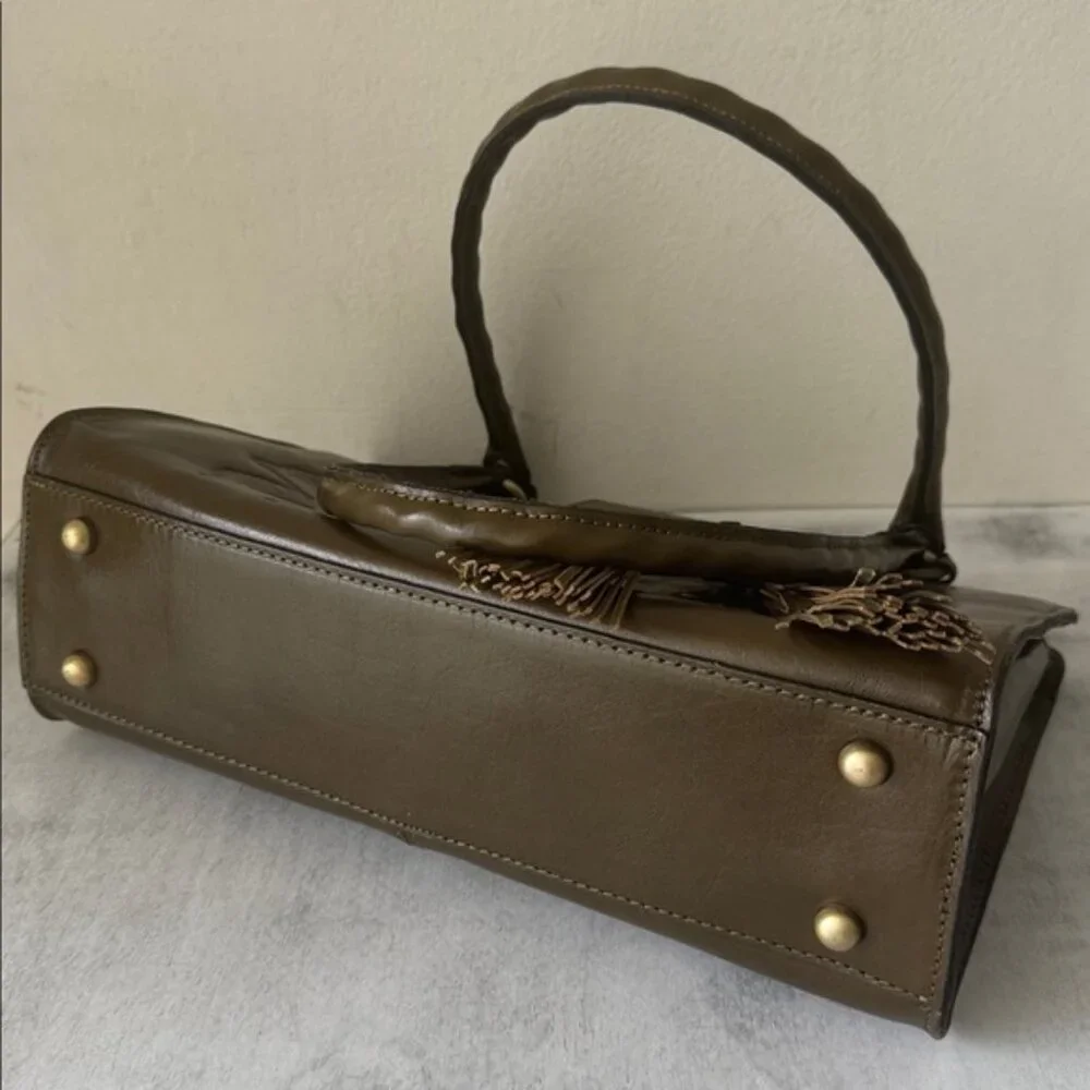 Patricia Nash Rienzo Satchel Vtg Rose Tooled Leather Soft Olive Green W Tassel